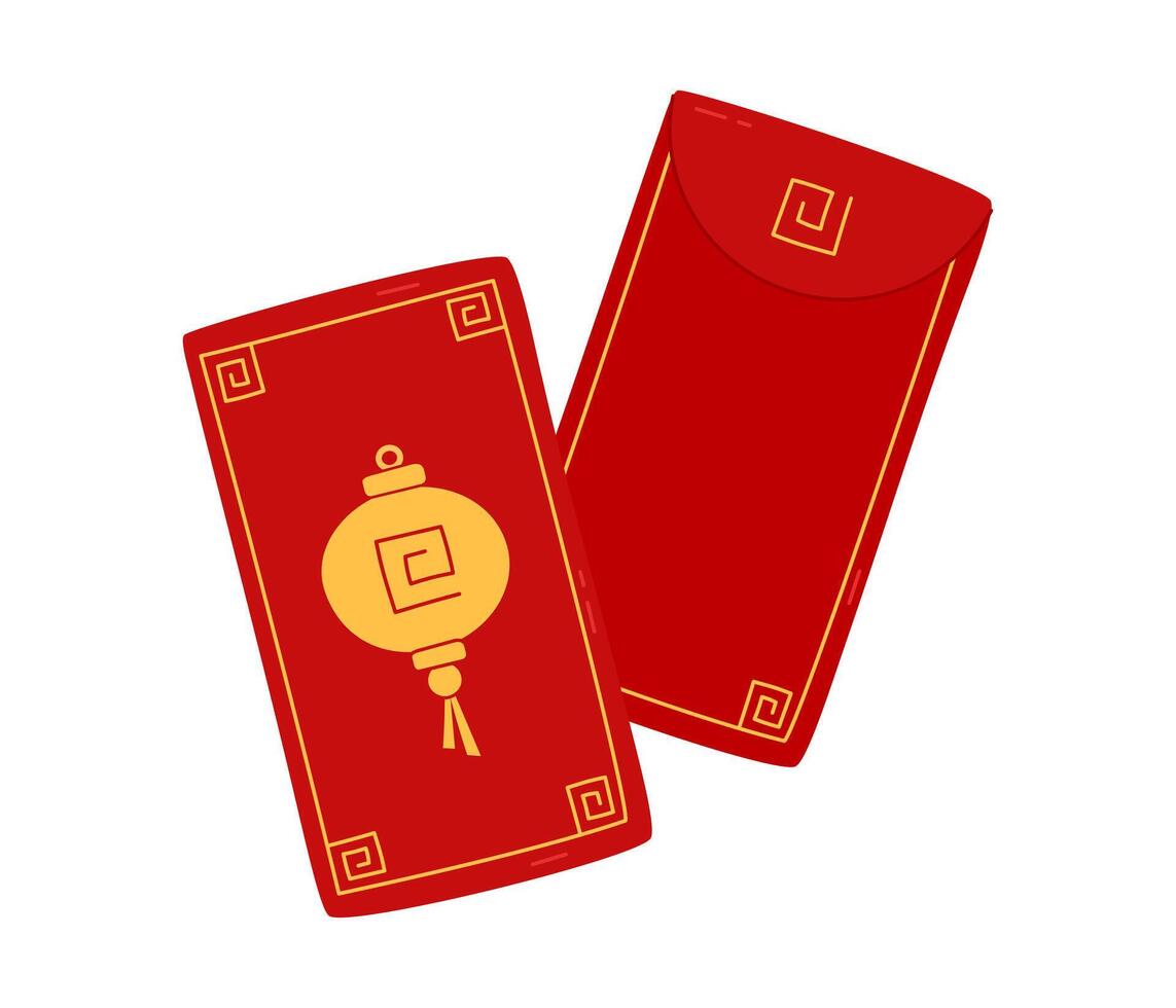 Angpao red envelopes isolated elements. Asian festive hongbao with Chinese lantern ornament. Traditional gift with coins, money for Lunar New Year, wedding and other celebrations. Flat illustration vector