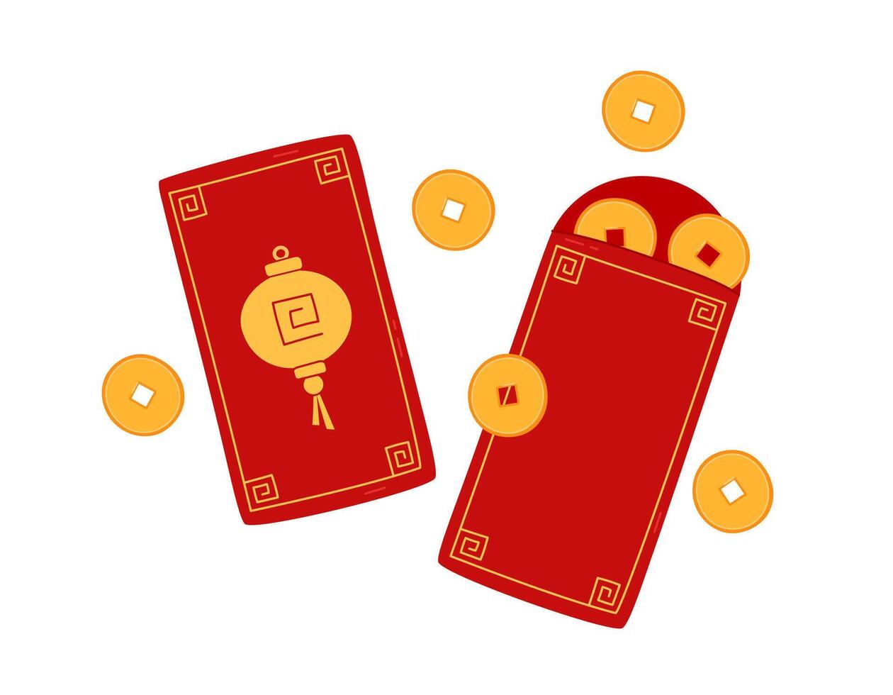 Angpao red envelope with coins isolated elements. Asian festive envelope with ornament. Traditional money gift for Lunar New Year, wedding and other occasions. Flat illustration vector