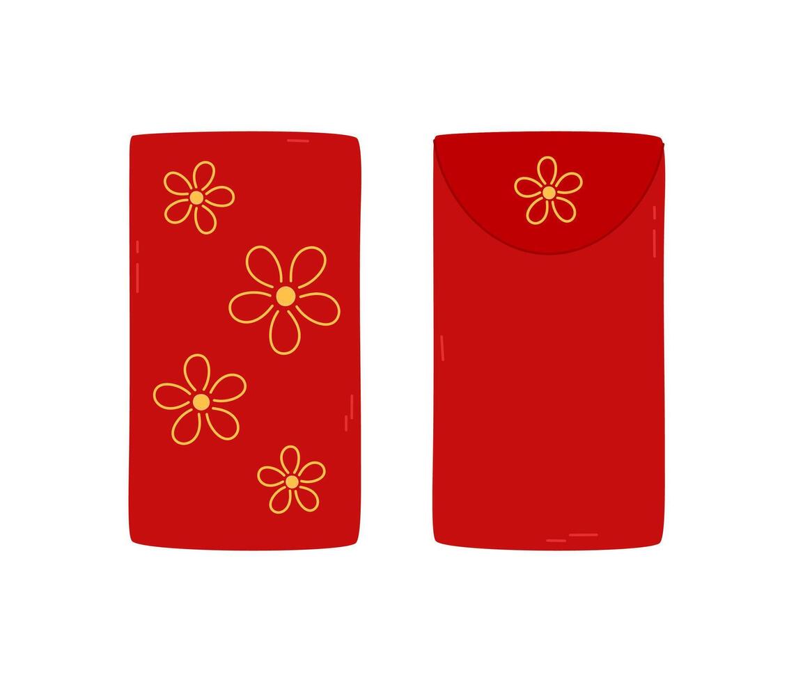 Angpao red envelopes isolated elements. Asian festive hongbao with floral ornament, cute flowers. Traditional gift for Lunar New Year, wedding and other celebrations. Flat illustration vector