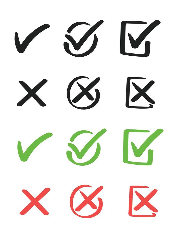 Right and wrong buttons, check mark icon, check box vector