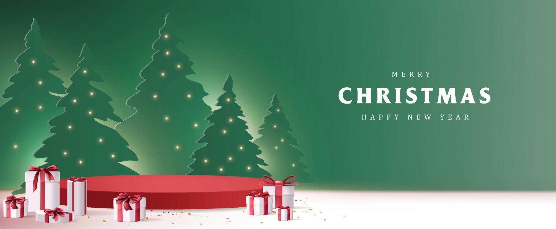 Merry Christmas banner with product display cylindrical shape and christmas tree paper cut style vector