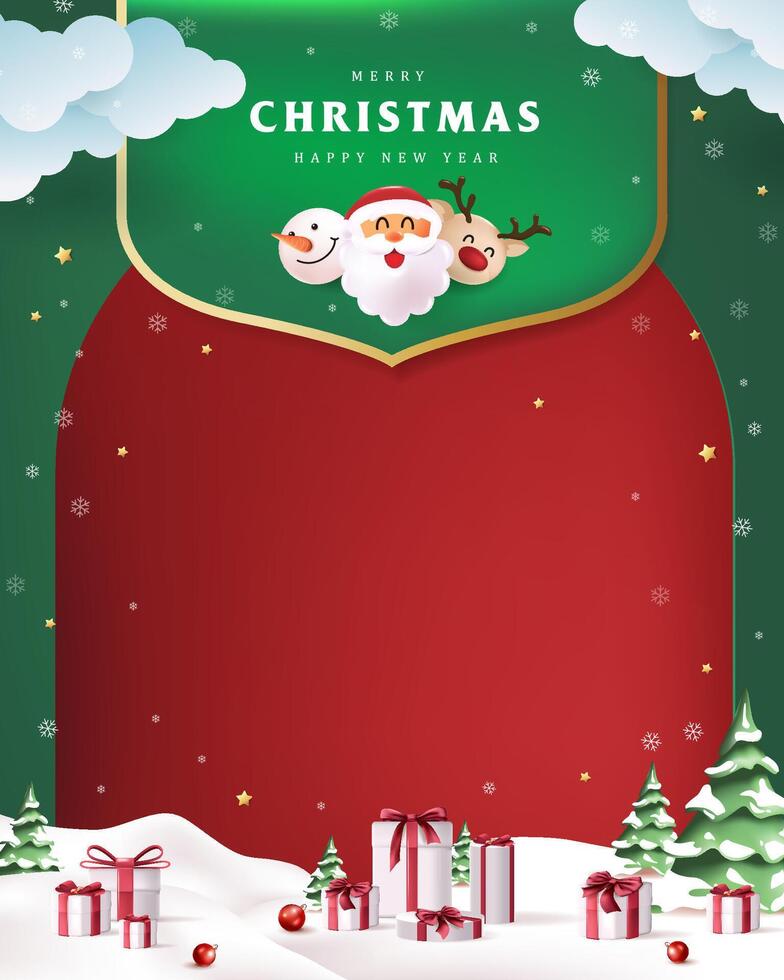 Merry Christmas sign banner frame with empty space and festive decoration on christmas landscape snow falling and gift box vector