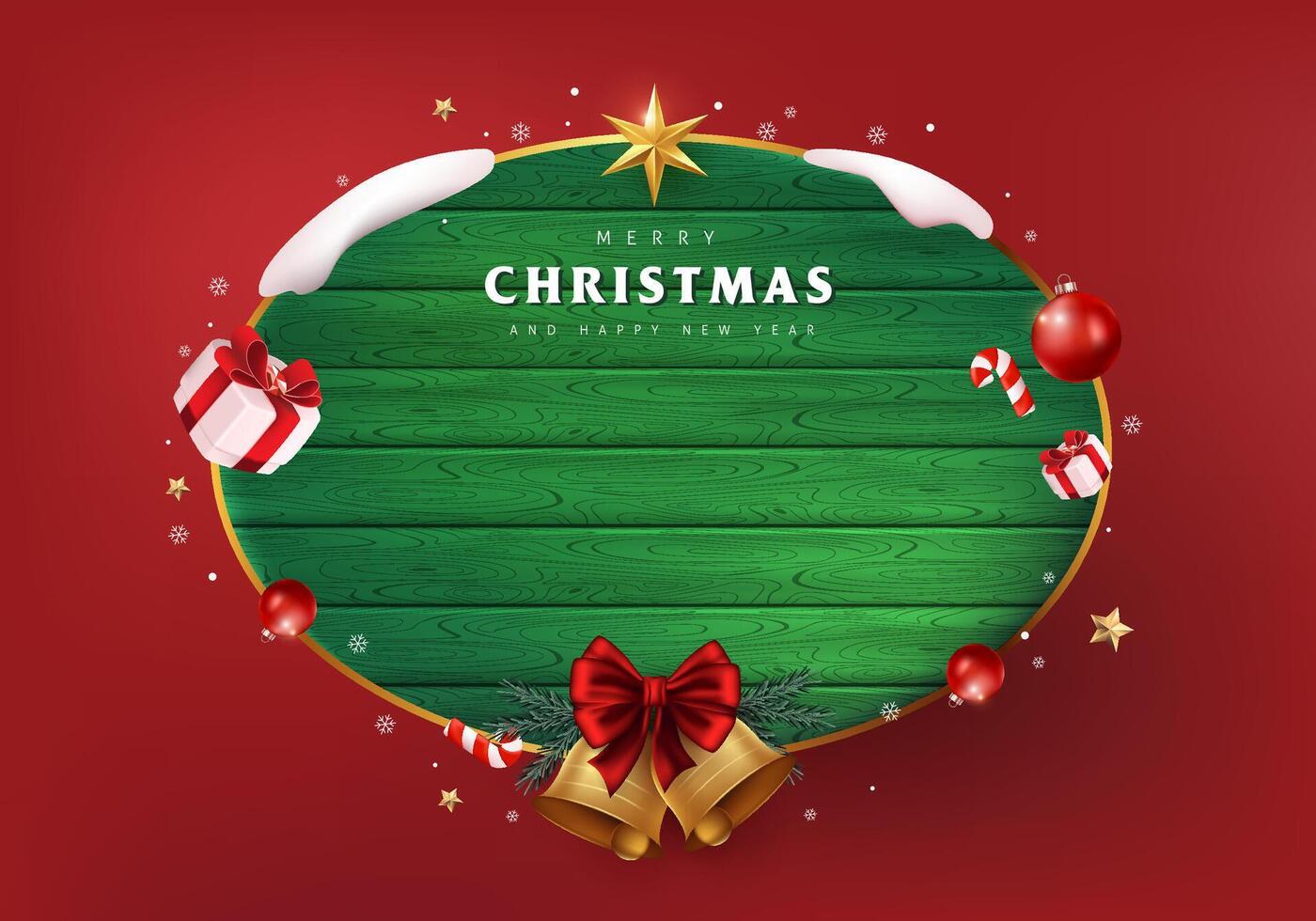 Merry Christmas sign banner green wood frame with empty space and festive decoration vector