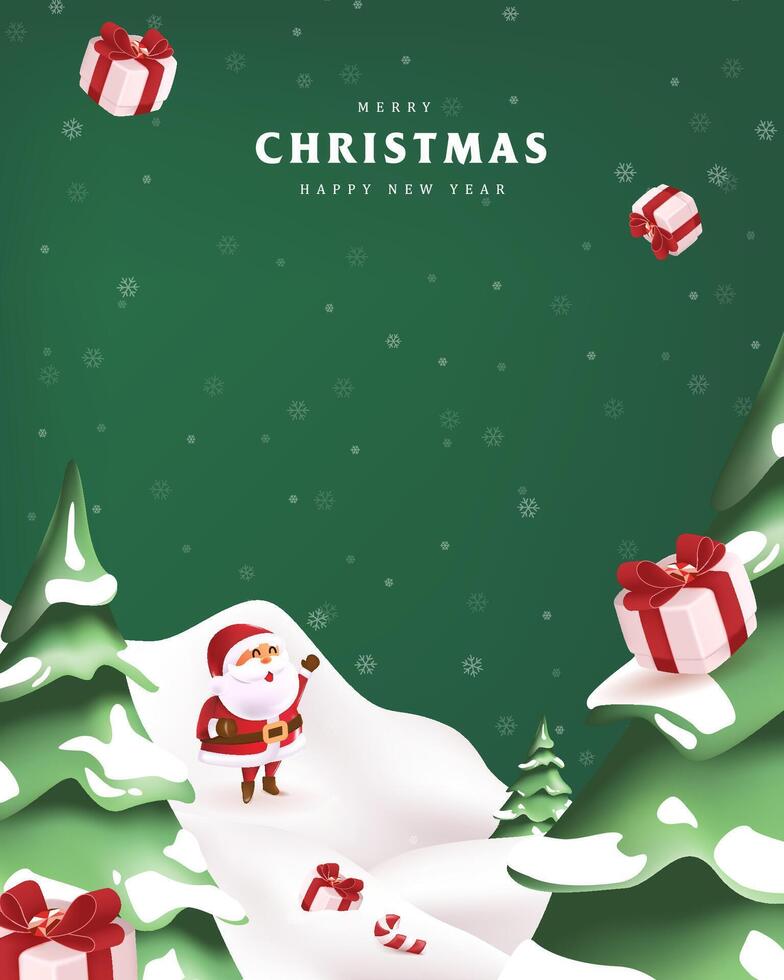 Merry Christmas sign banner frame with empty space and cute funny Santa Claus christmas landscape snow falling and gift box vector