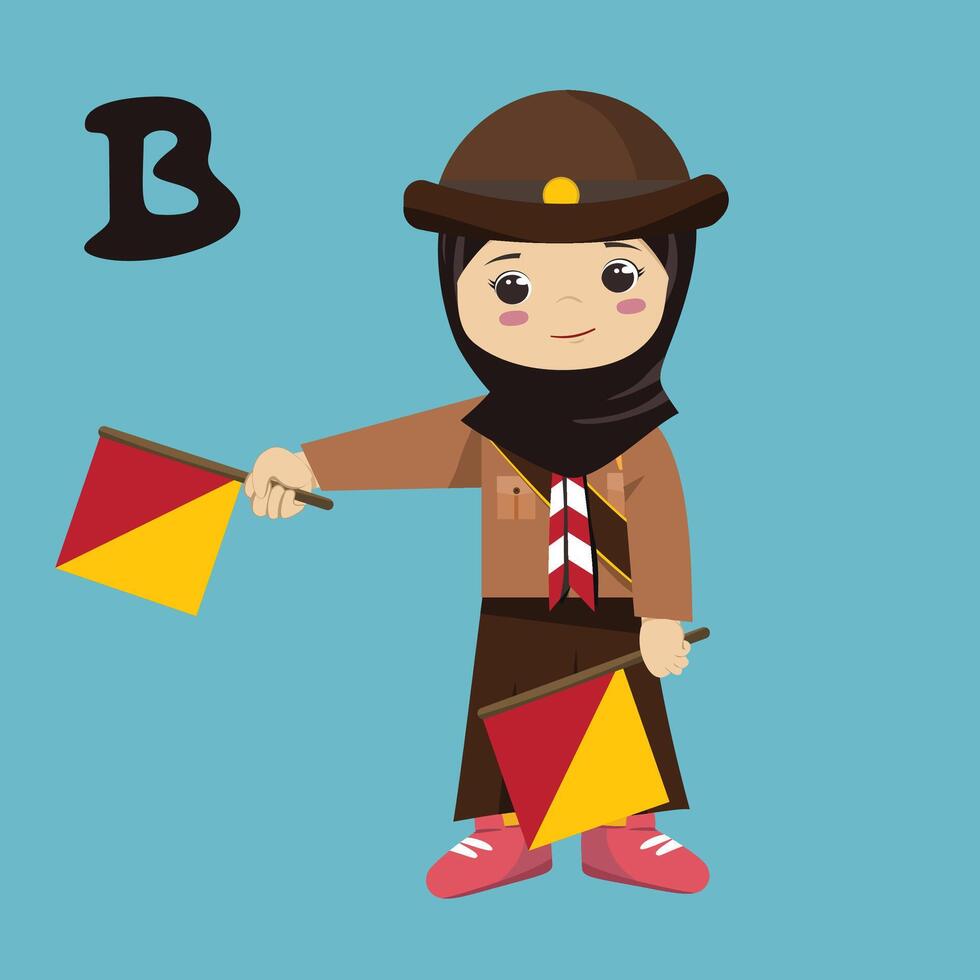 Pramuka hijabi girl sandi morse semaphore B a kid student vector