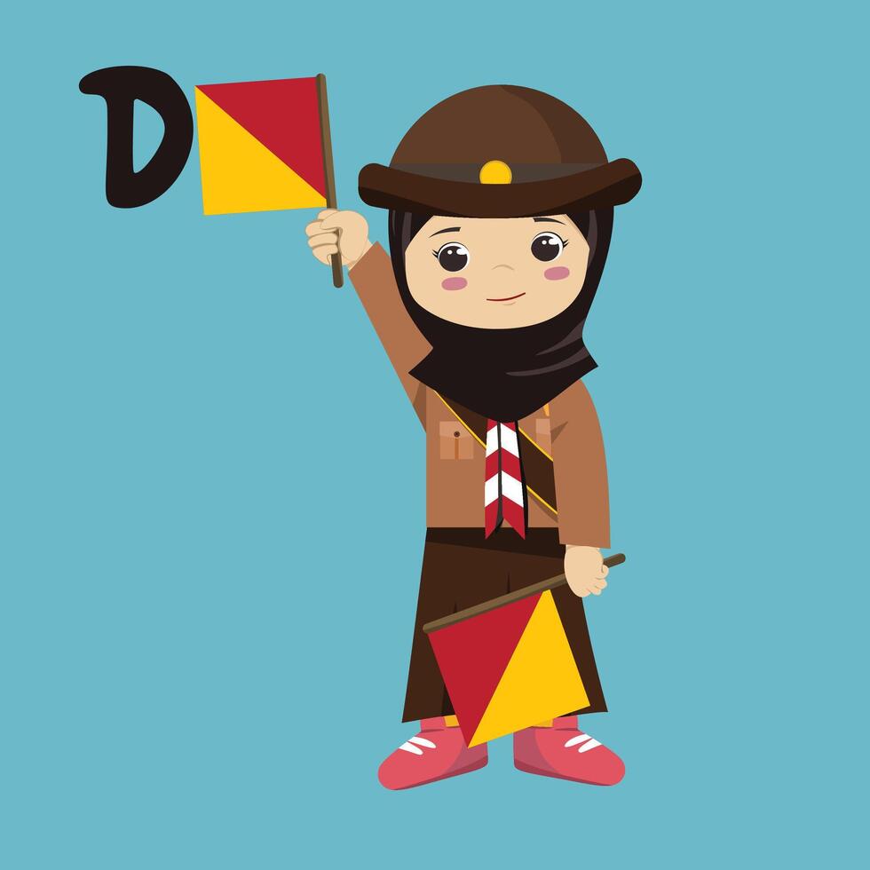 Pramuka hijabi girl sandi morse semaphore D a kid student vector