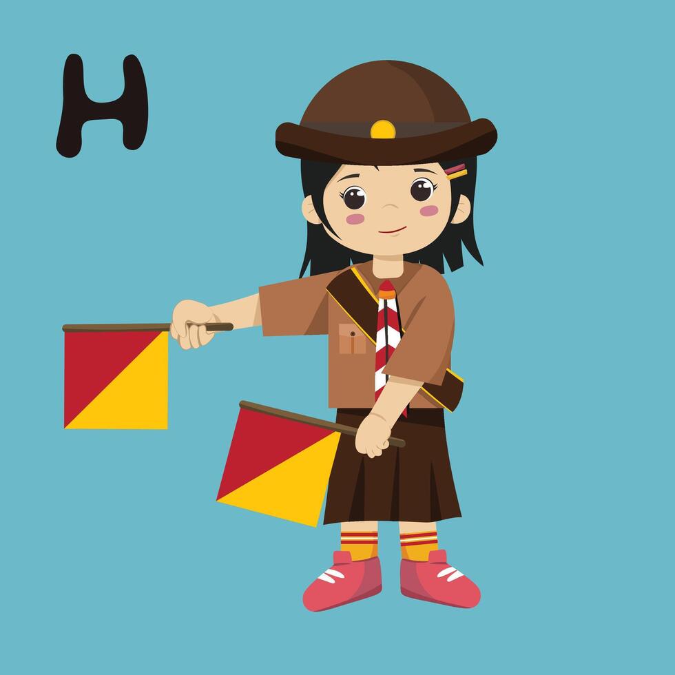 Pramuka girl sandi morse semaphore H a kid student a cartoon character with a letter m on his back vector