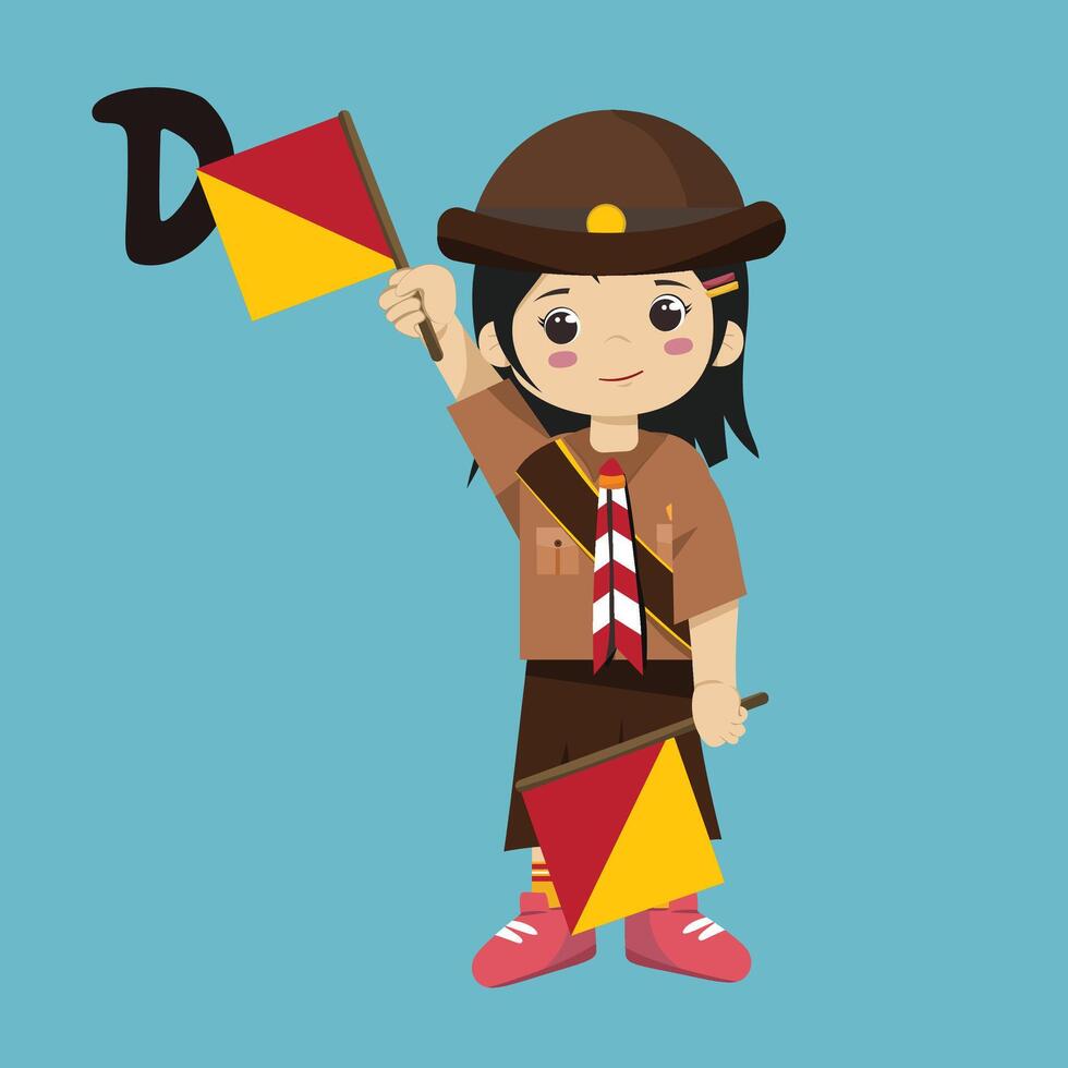 Pramuka girl sandi morse semaphore D a kid student vector