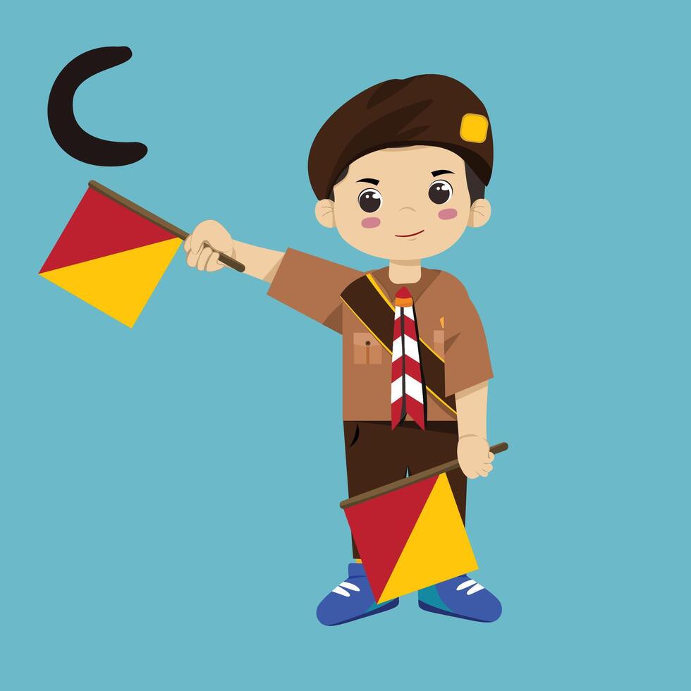 a kid cartoon character with an e on his shirt holding a flag. vector
