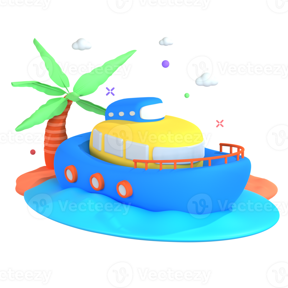 A cartoon boat with a palm tree and a palm tree png