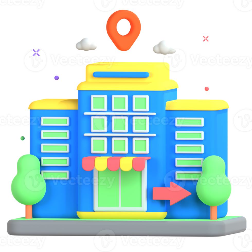 A cartoon building with a map pin pointing to it png