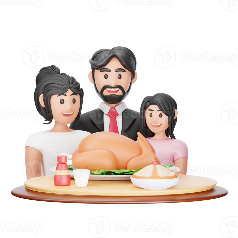 A family of four is sitting around a table with a turkey png