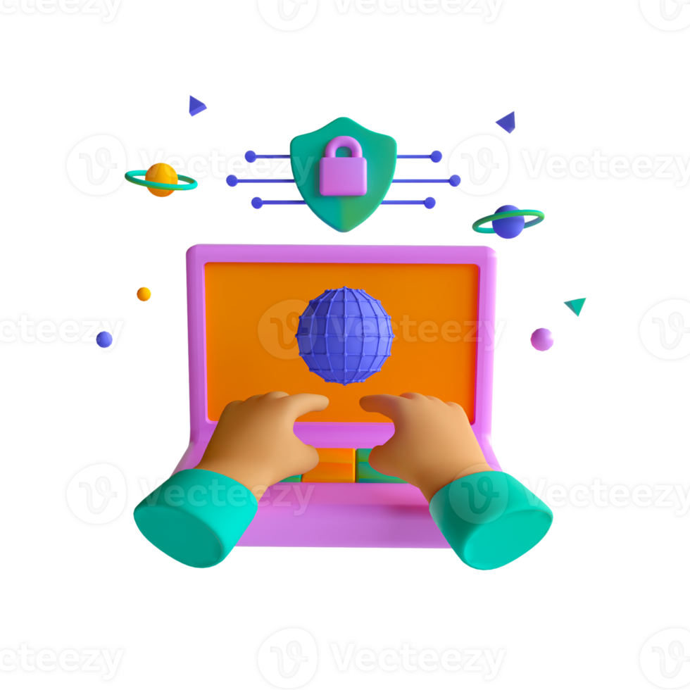 Hands on laptop with globe and other objects png