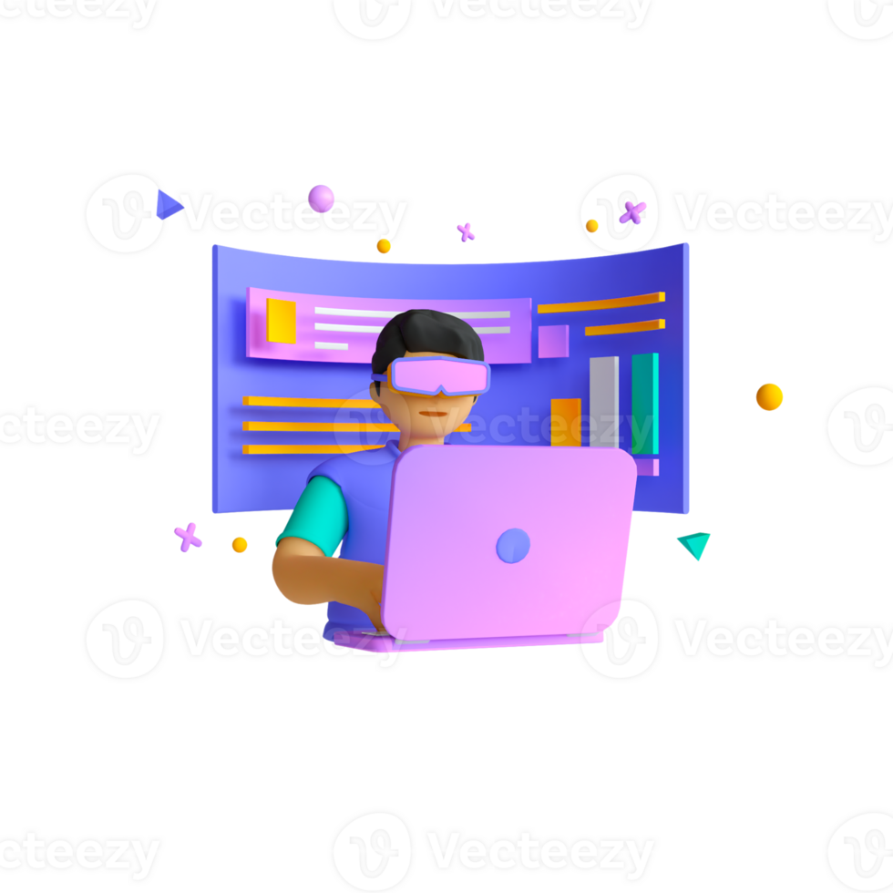 A man in a purple shirt is using a laptop png