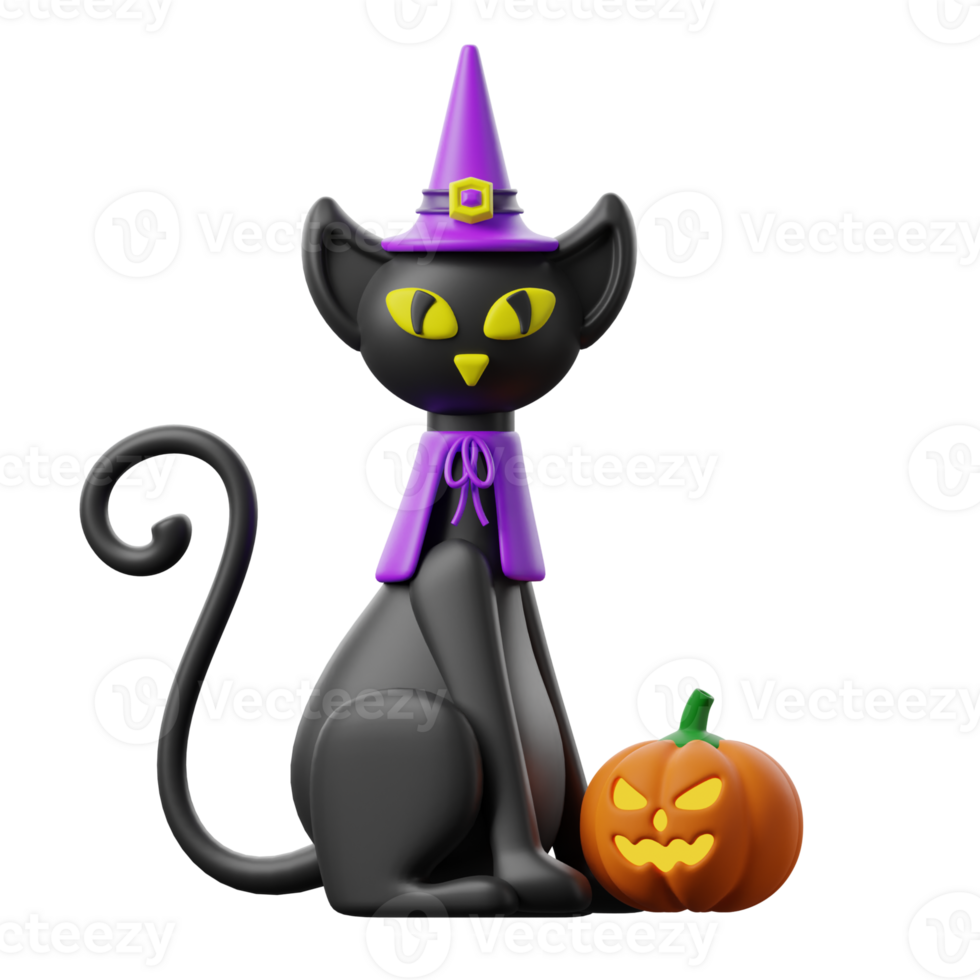 une noir chat avec une violet chapeau et citrouille png