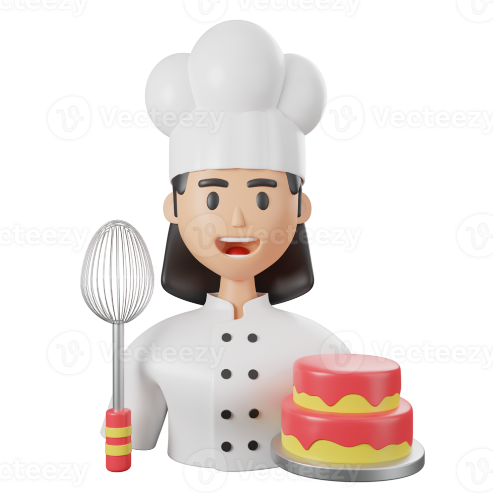 A woman in a chef hat holding a cake and a whisk png