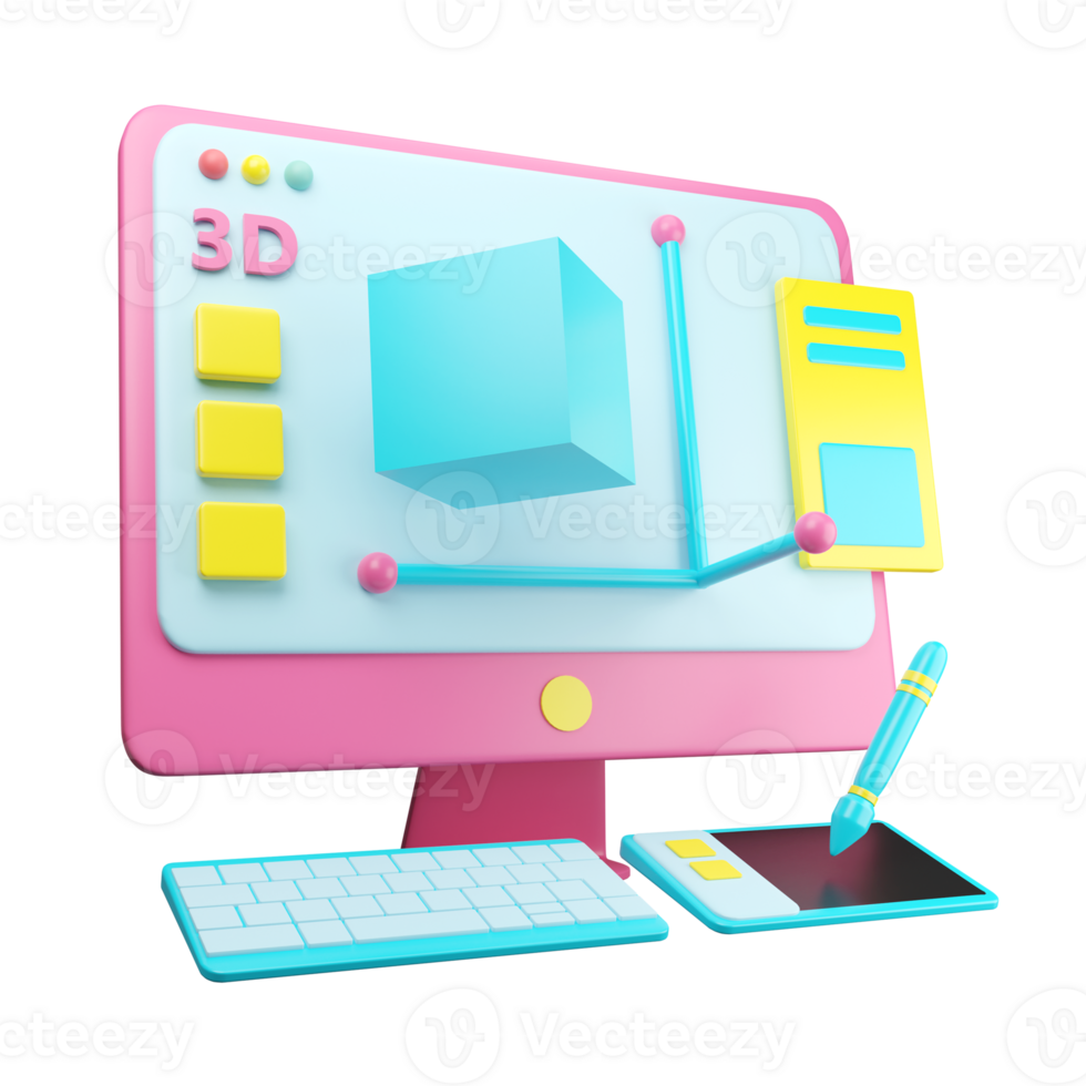 A computer with a 3d cube on it png