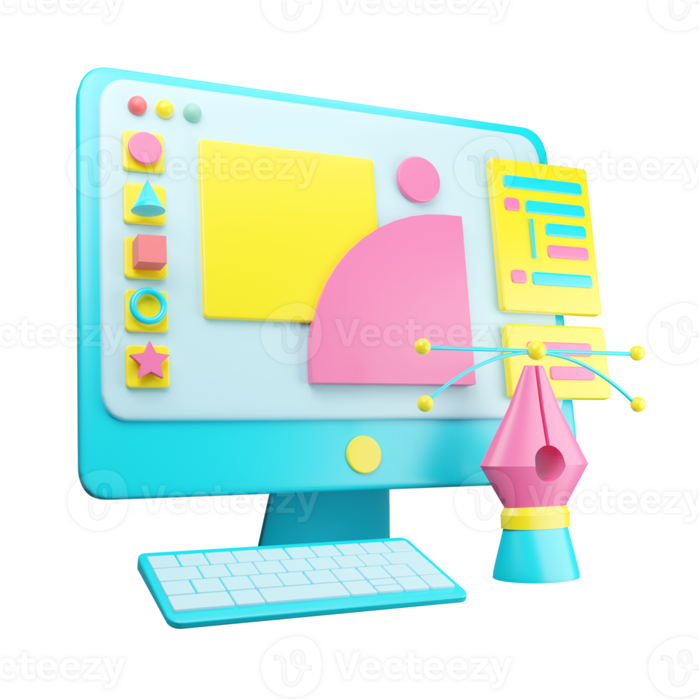 A computer monitor with a pink and blue pen png
