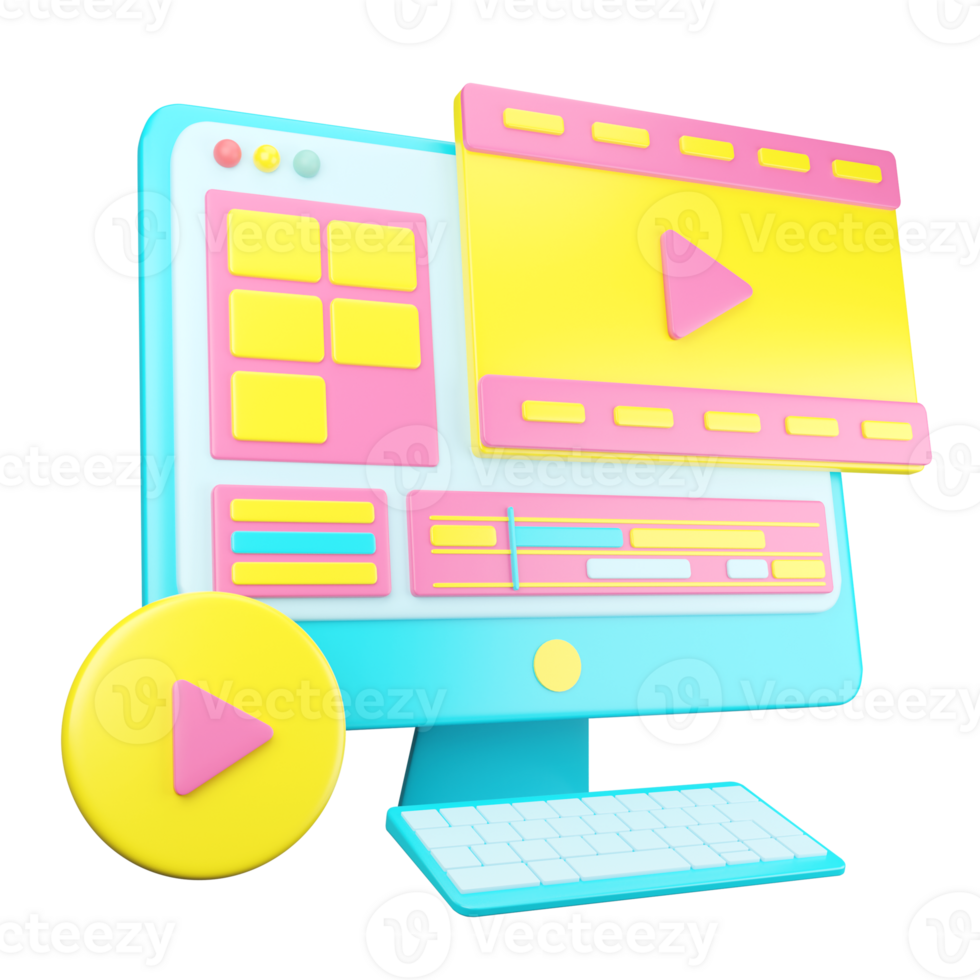 A computer with a play button and a yellow and pink background png