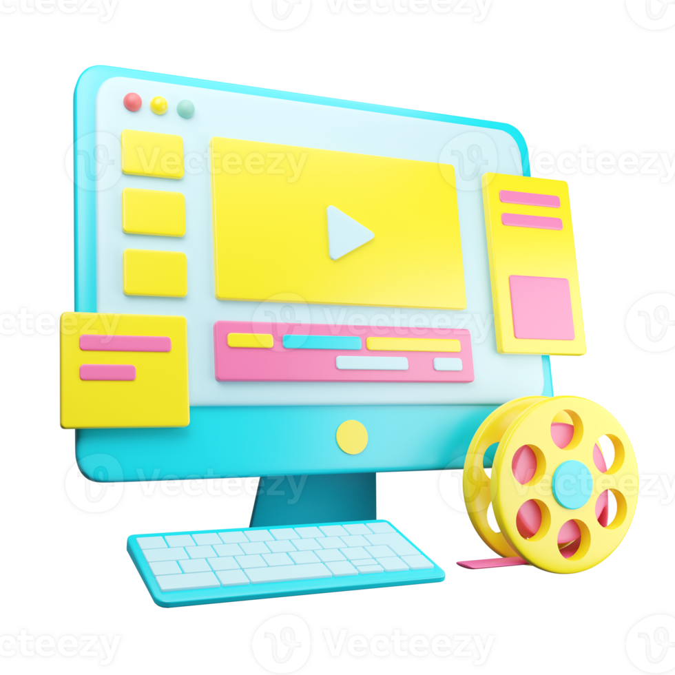 A computer with a player and a reel png