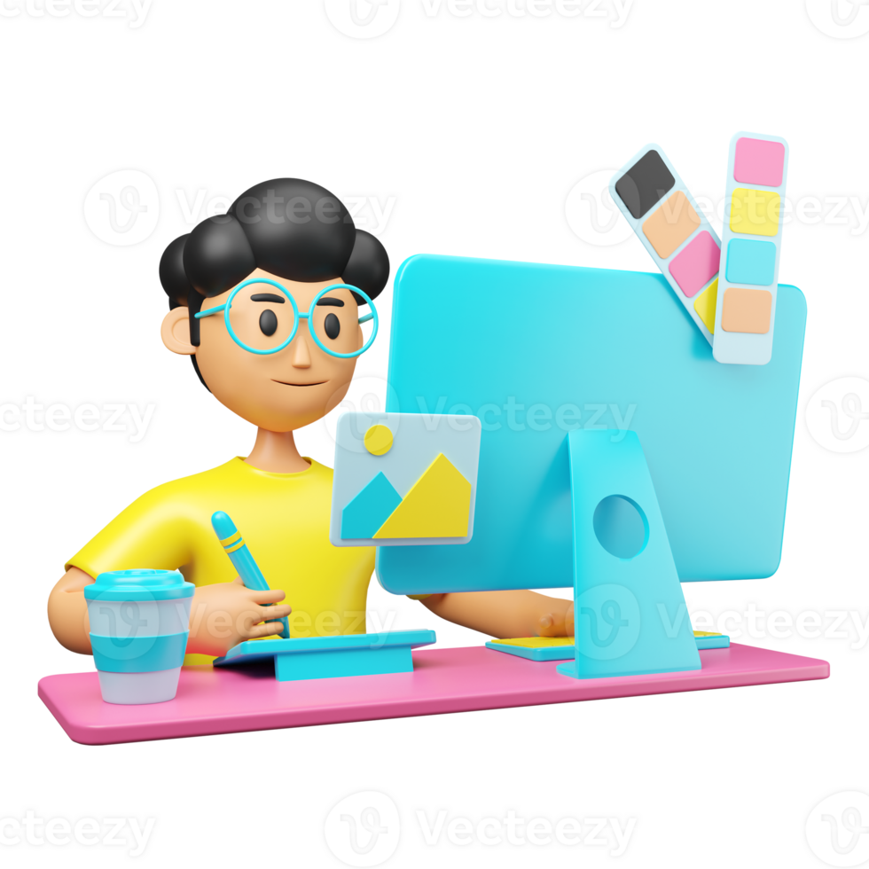 A cartoon man sitting at a desk with a computer and a tablet png