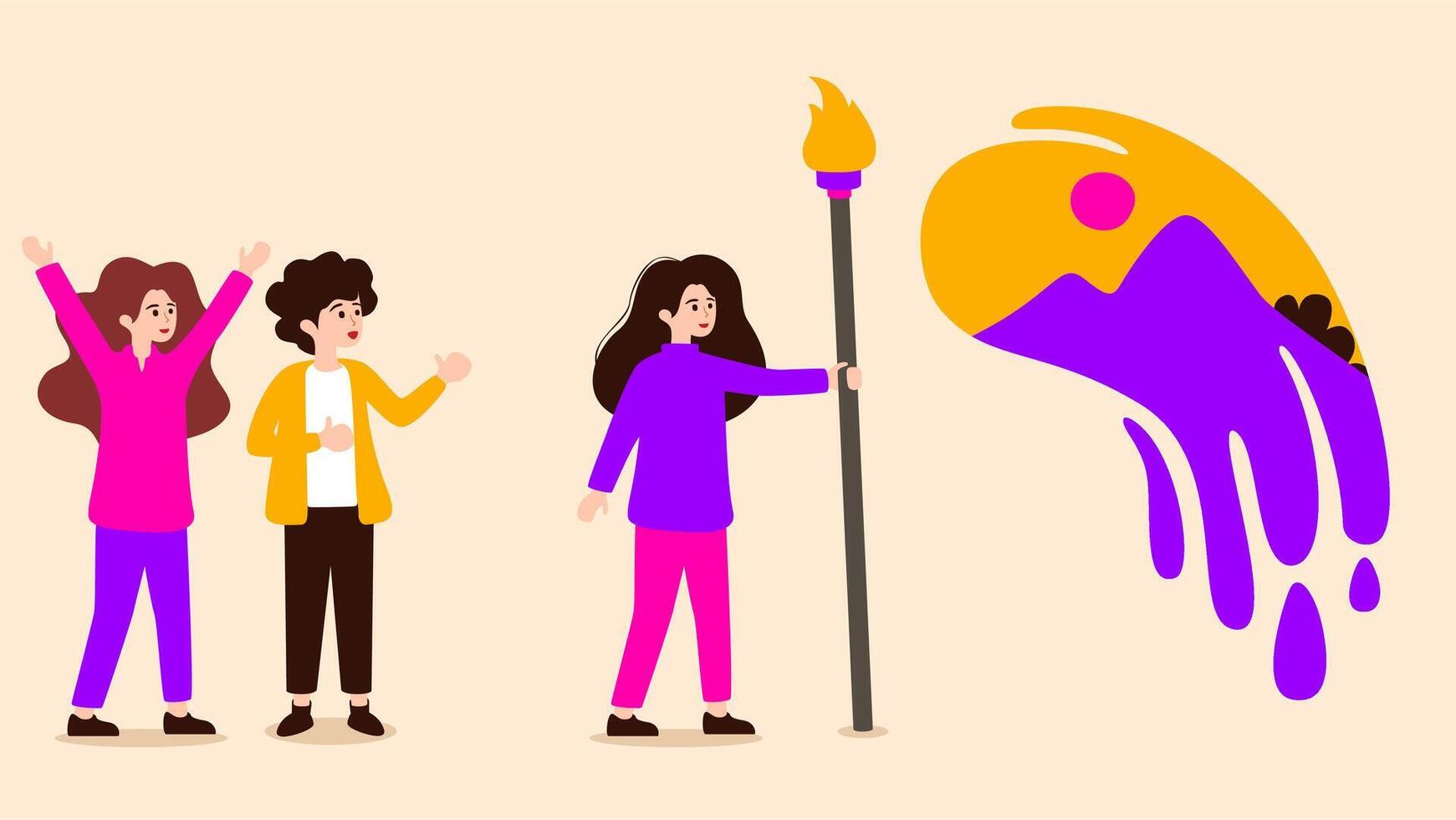 A group of people holding a flag and a flag with a rainbow vector