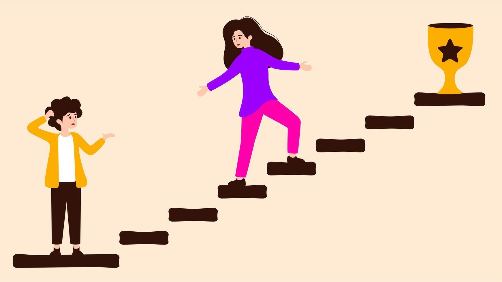 Two people climbing up the stairs to reach the top vector