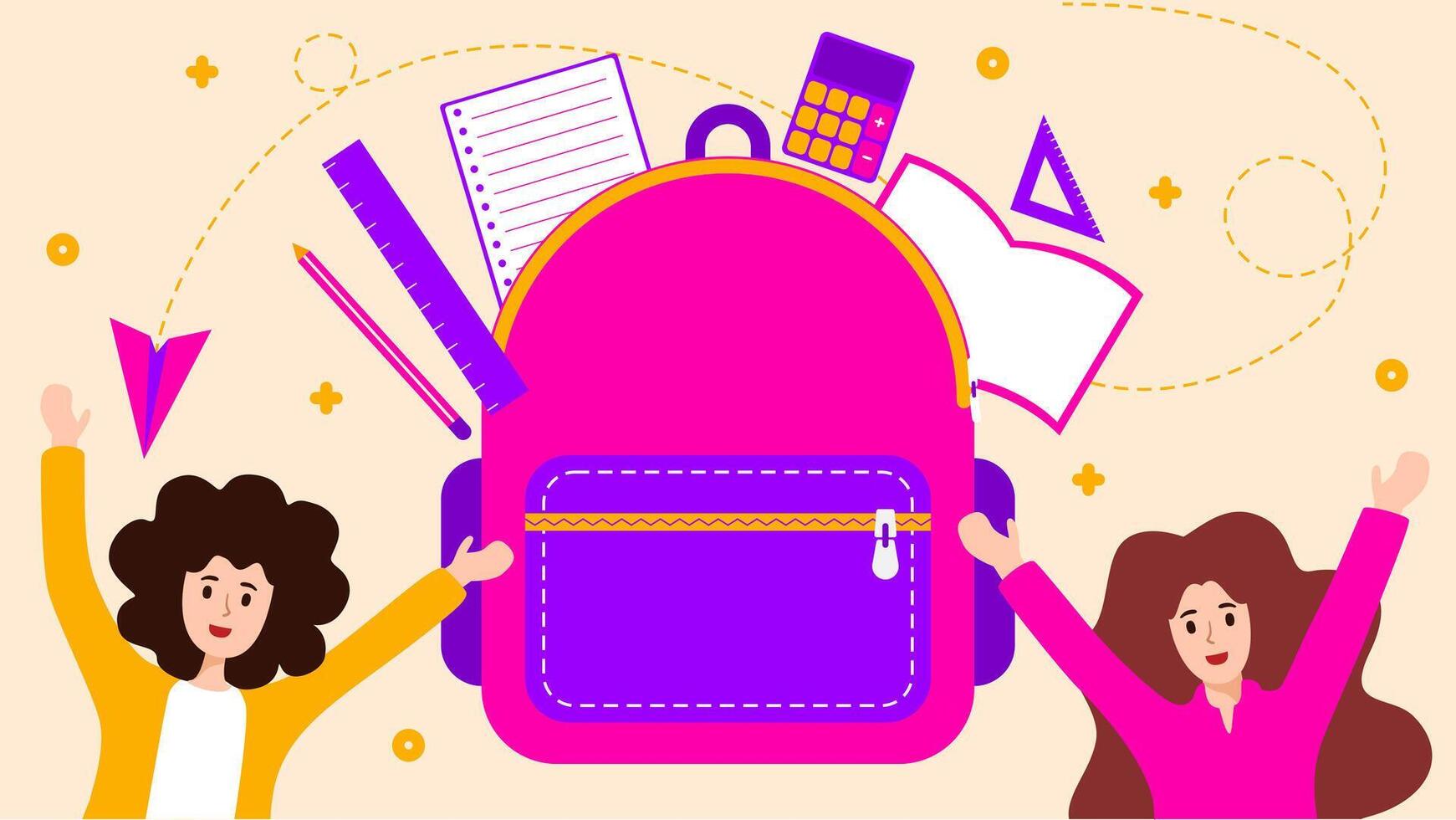 Two girls are holding up a backpack with school supplies vector