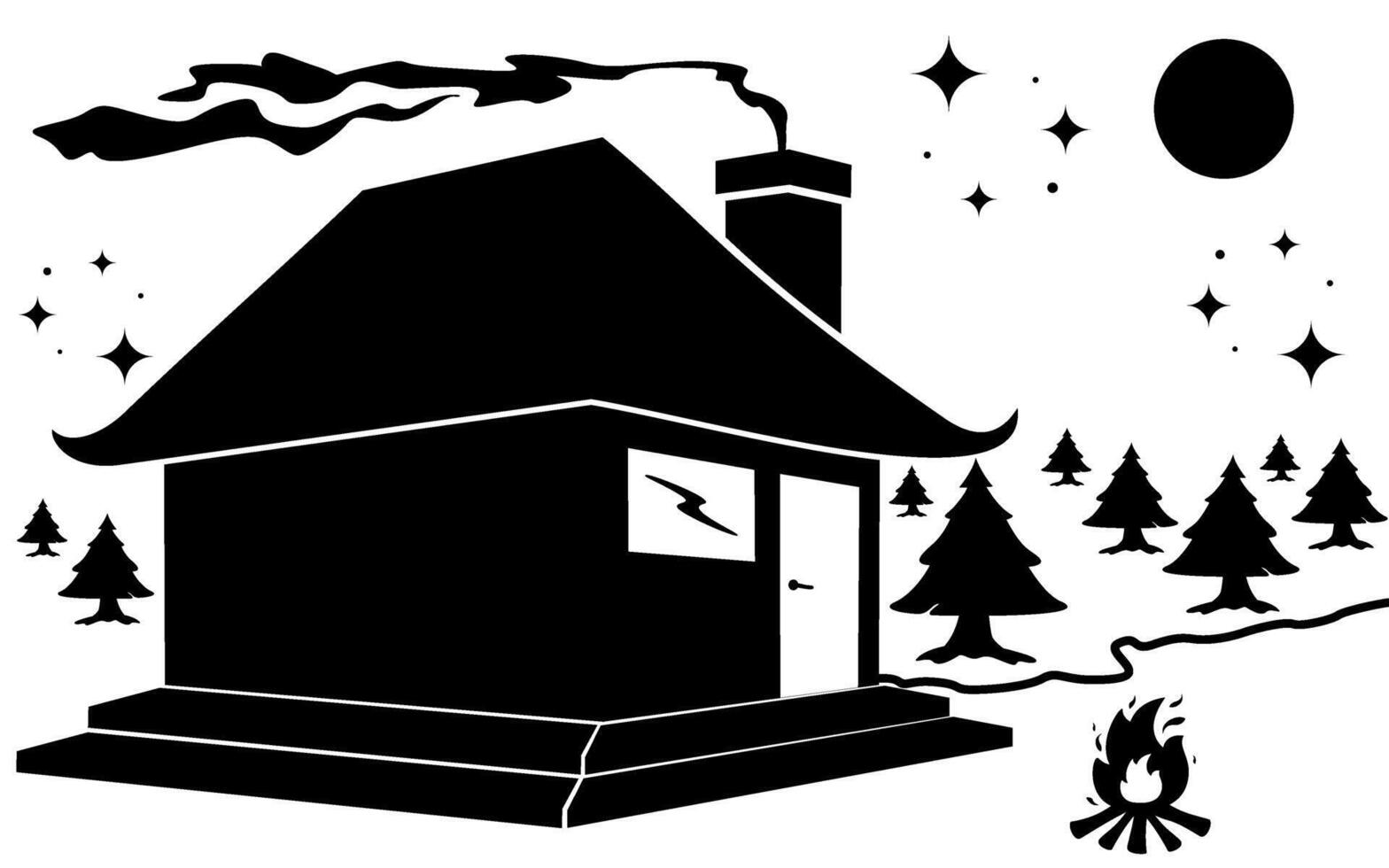 A black and white illustration of a house with a fire vector