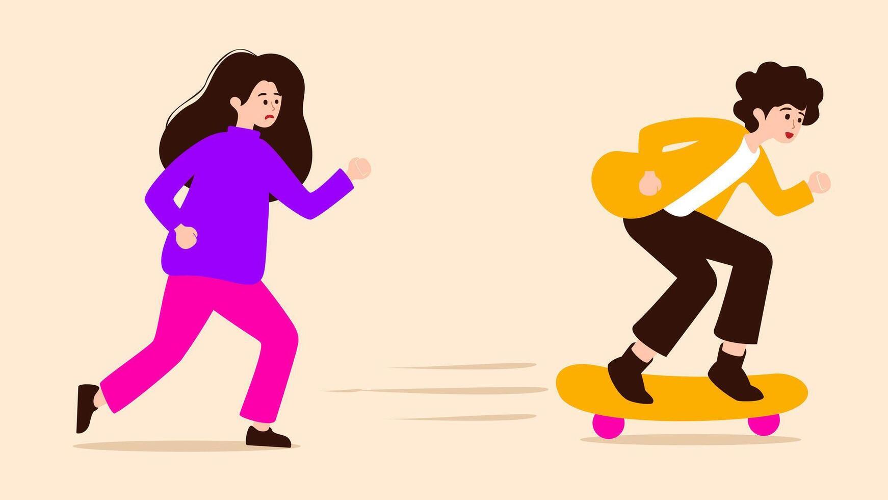 Two people riding on skateboards, one is on the left and the other is on the right vector