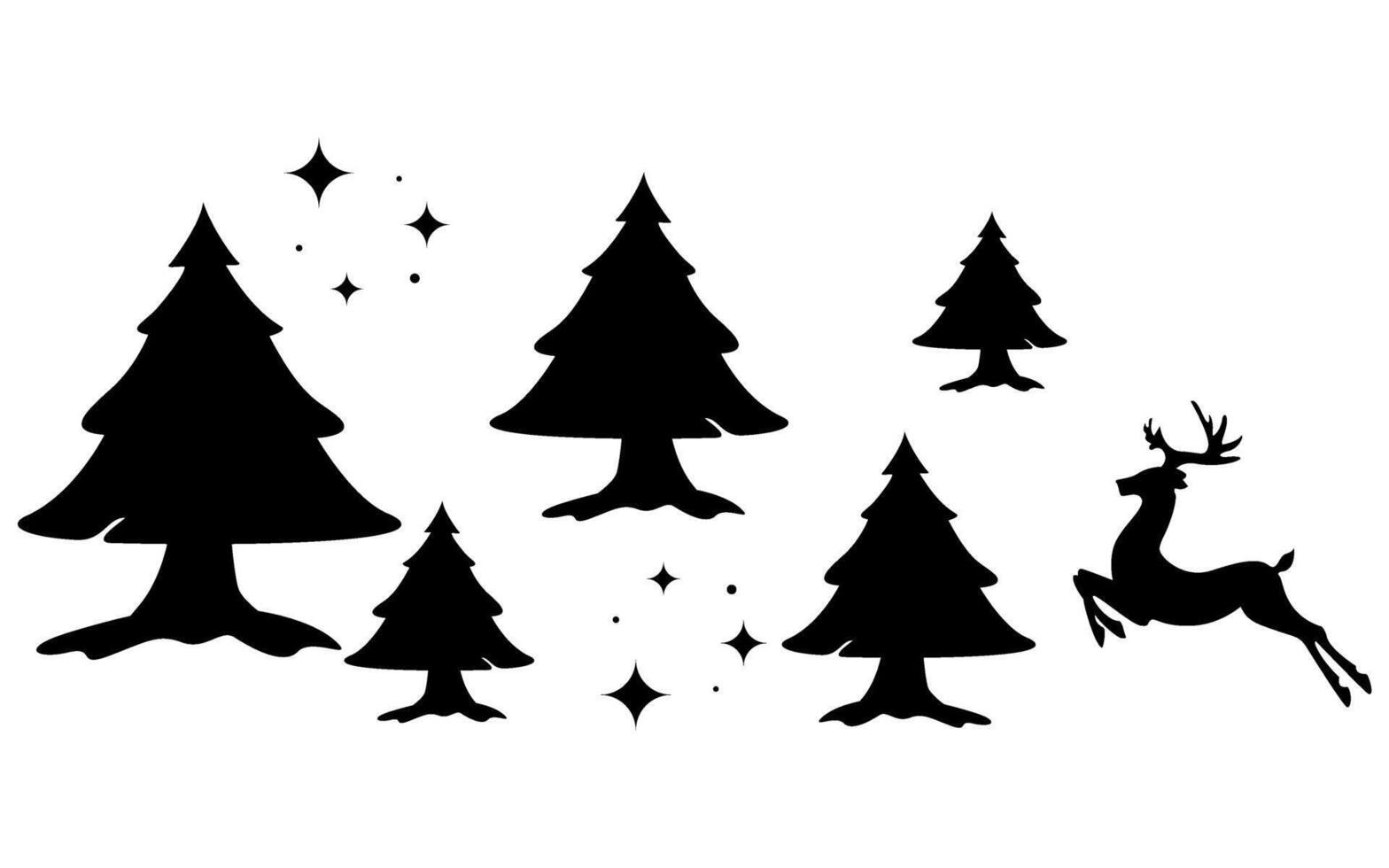 Christmas trees and deer silhouettes in black and white vector