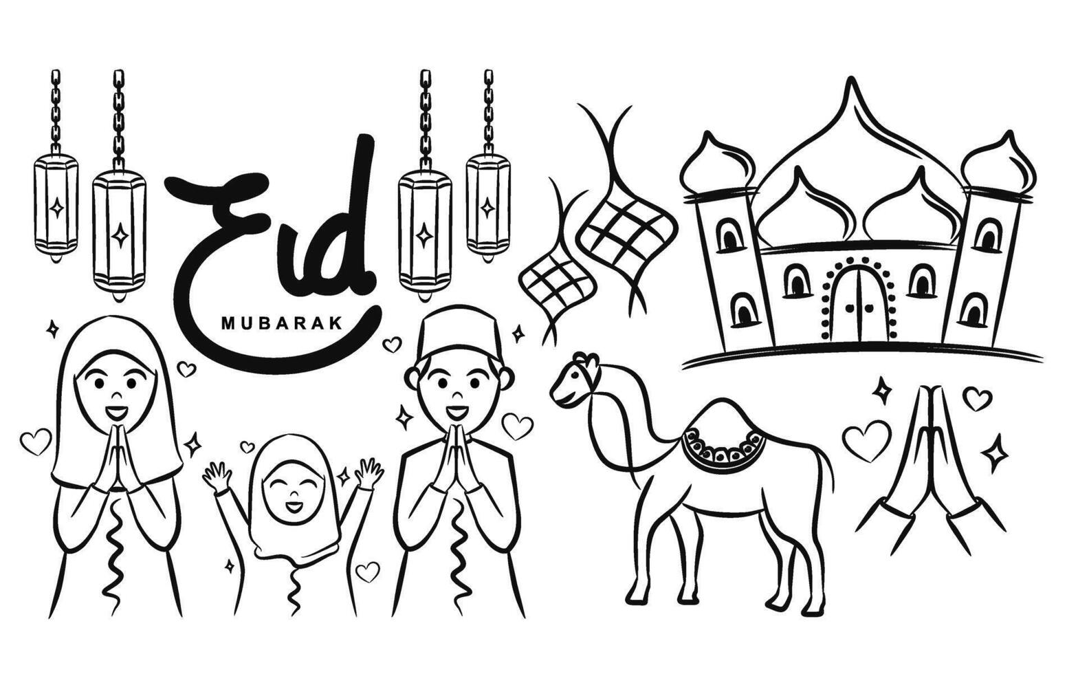 Hand drawing doodles line art of Eid Mubarak of a Moslem family. Ramadan Mubarak. vector