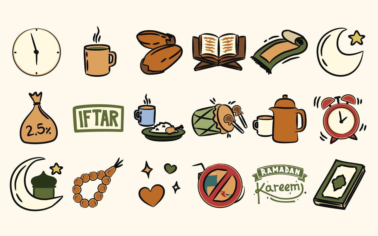 Set of hand drawn doodle Ramadan Islamic holy month. Ramadan Mubarak. vector