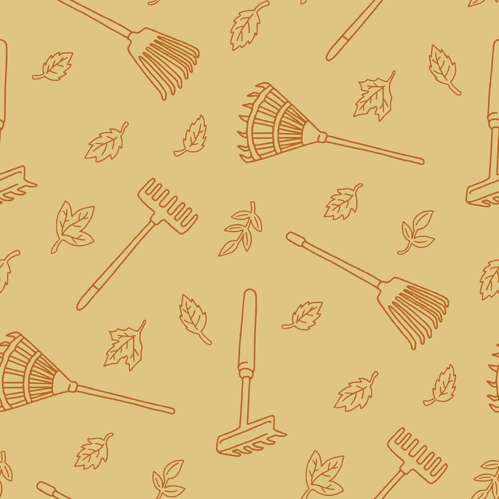 Outline Rake Fall Leaves Seamless Pattern illustration Design vector