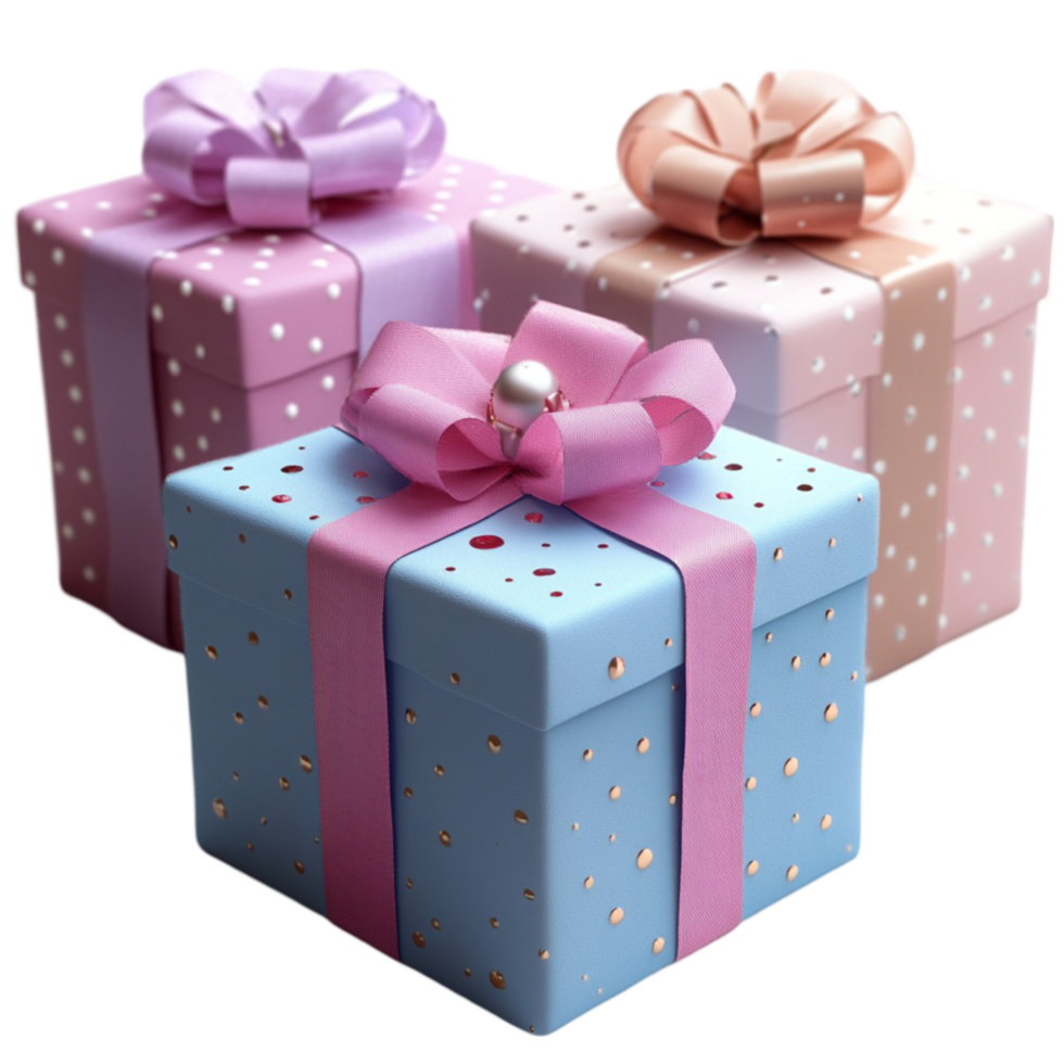 Three Gift Boxes with Pink and Blue Bows on Transparent Background png