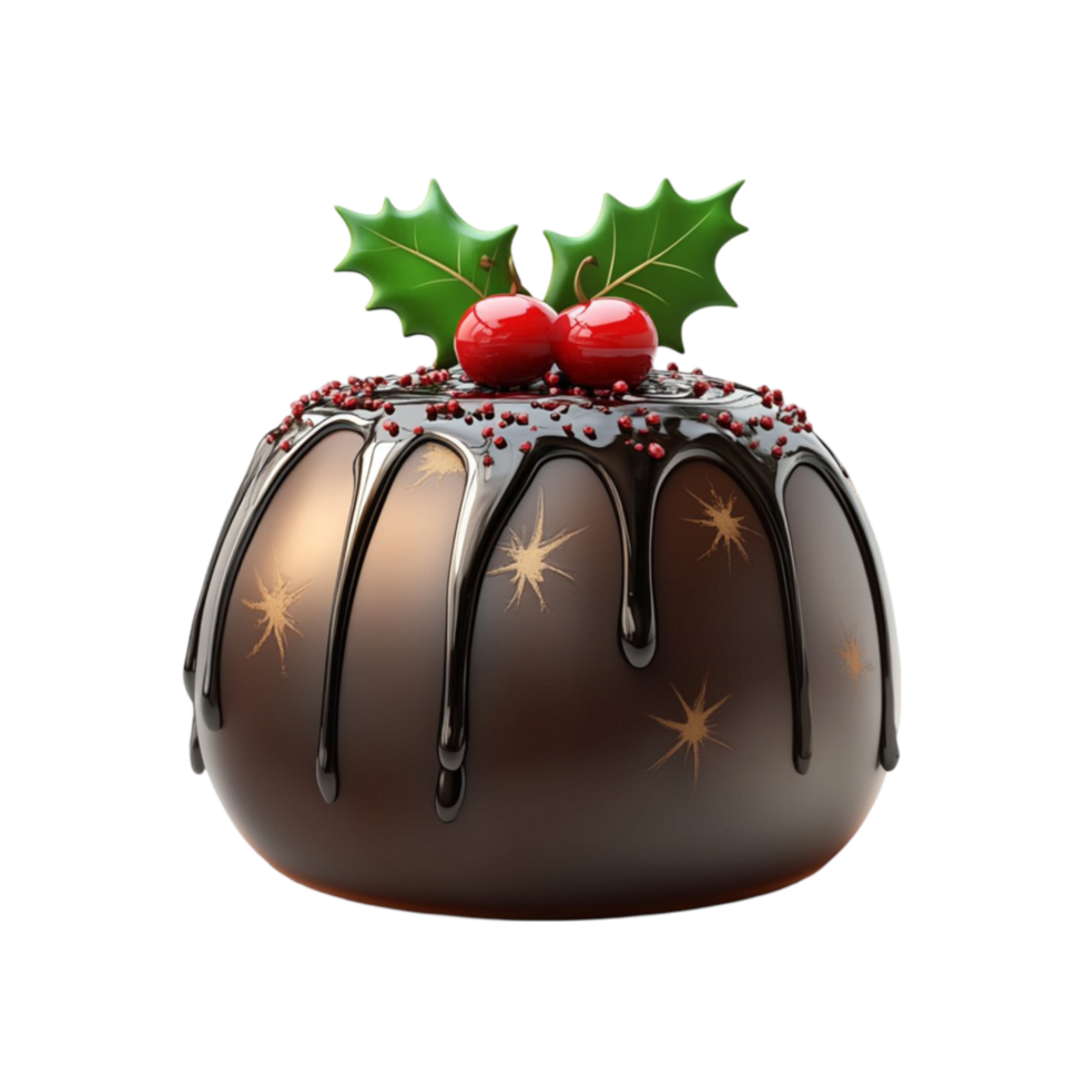 Christmas Pudding with Holly Leaves and Chocolate Drizzle on Transparent Background png