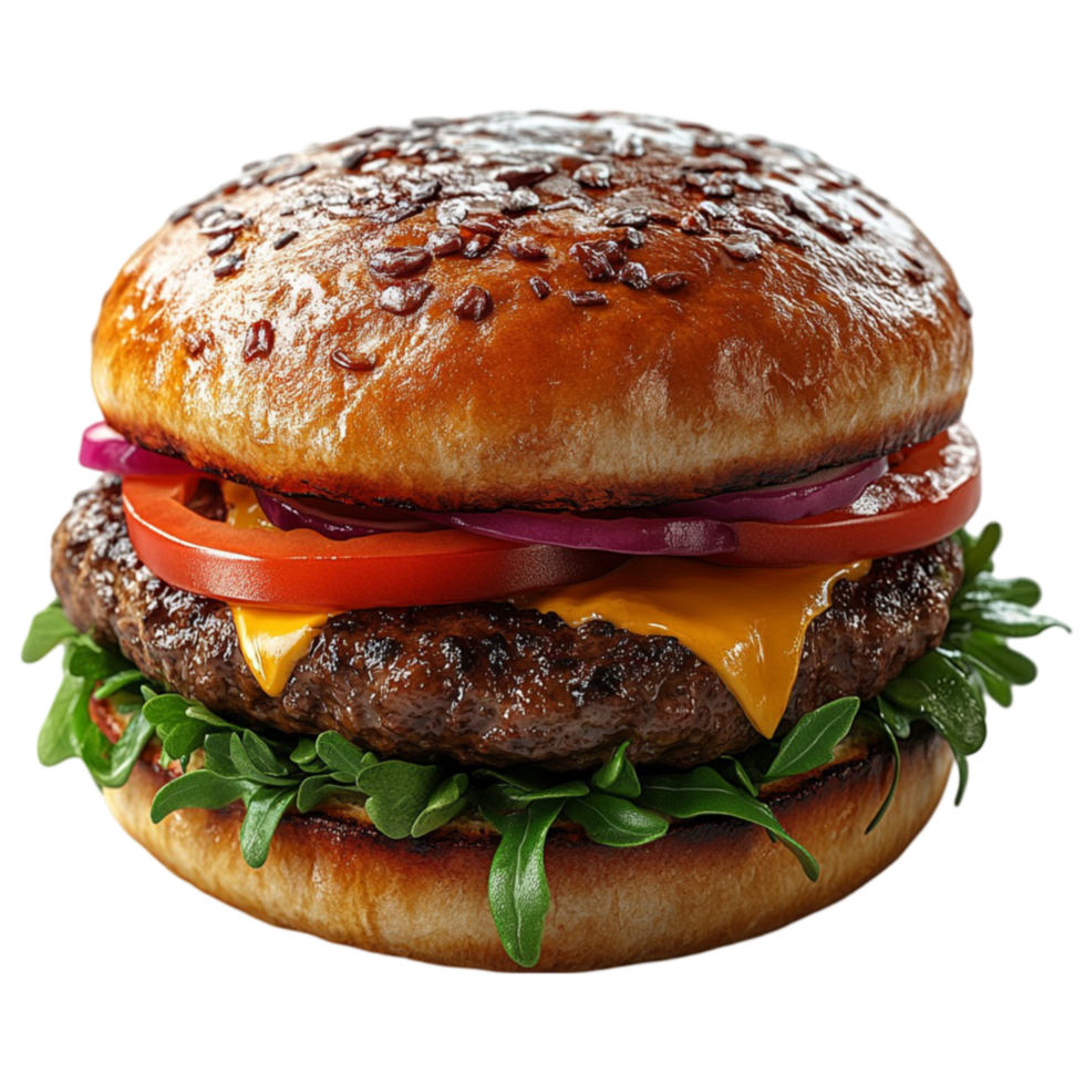 Hamburger mit Käse, Kopfsalat, und Tomaten auf transparent Hintergrund ...