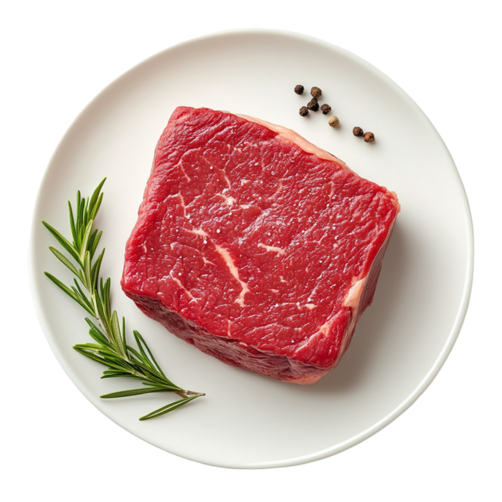 Raw Beef Steak on a Plate with Rosemary and Spices - Transparent Background png