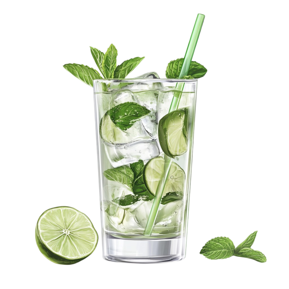 Mojito Cocktail with Ice and Mint Leaves on Transparent Background png