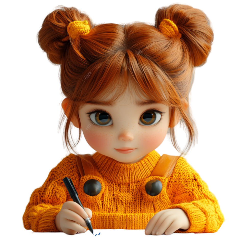 Little Girl with a Pen and Pencil on Transparent Background png