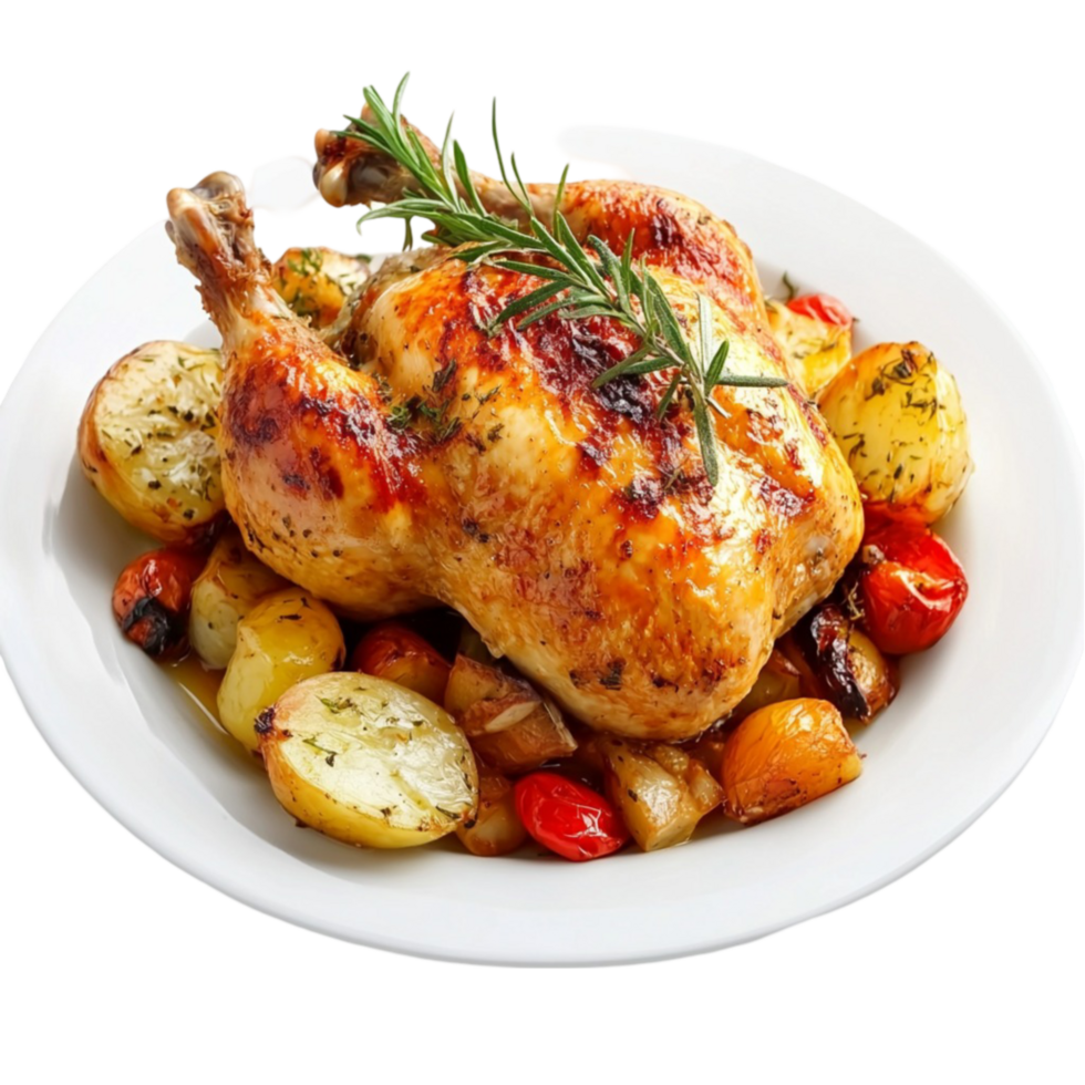 Roasted Chicken with Potatoes and Tomatoes on White Plate Transparent Background png