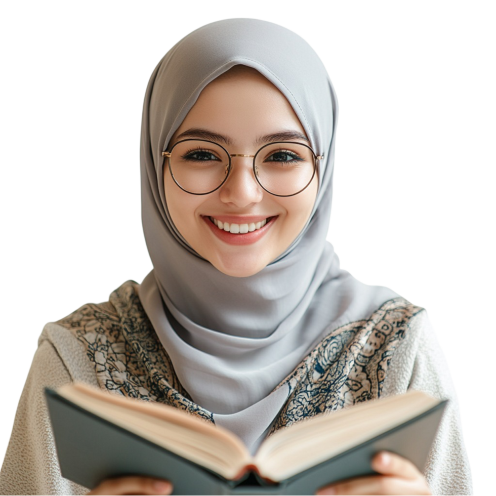Beautiful Muslim Woman Wearing Glasses and Hijab Reading a Book - Transparent Background png