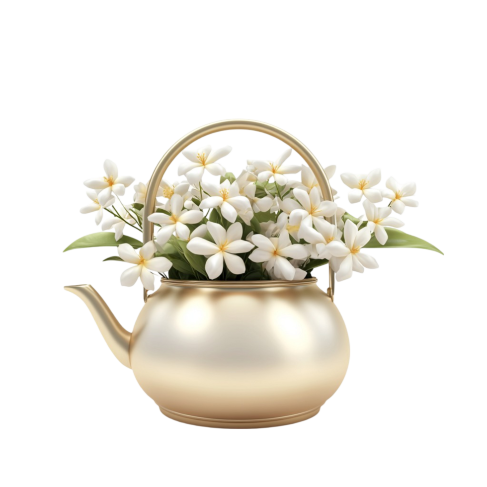 Gold Teapot with White Flowers on Transparent Background png