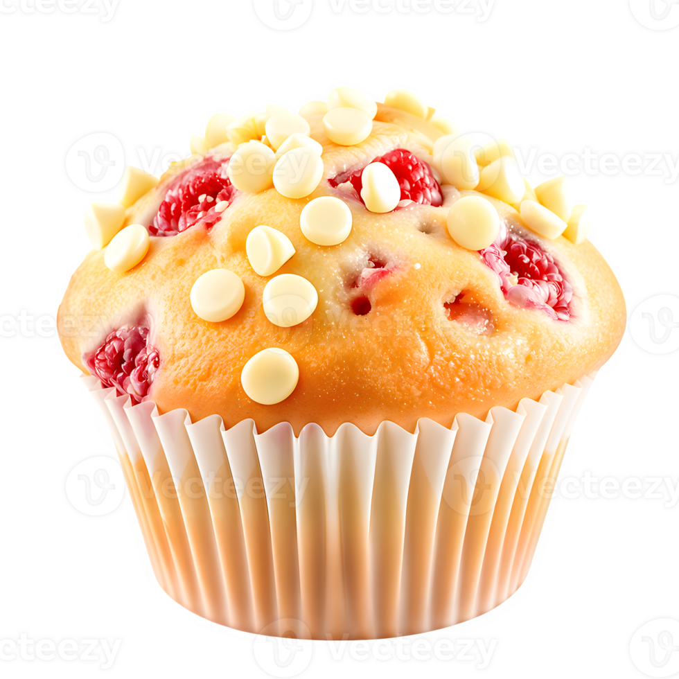 Isolated Image of a Raspberry and White Chocolate Muffin with Fresh Red Berries and Creamy White Chocolate Chips on Transparent Background png