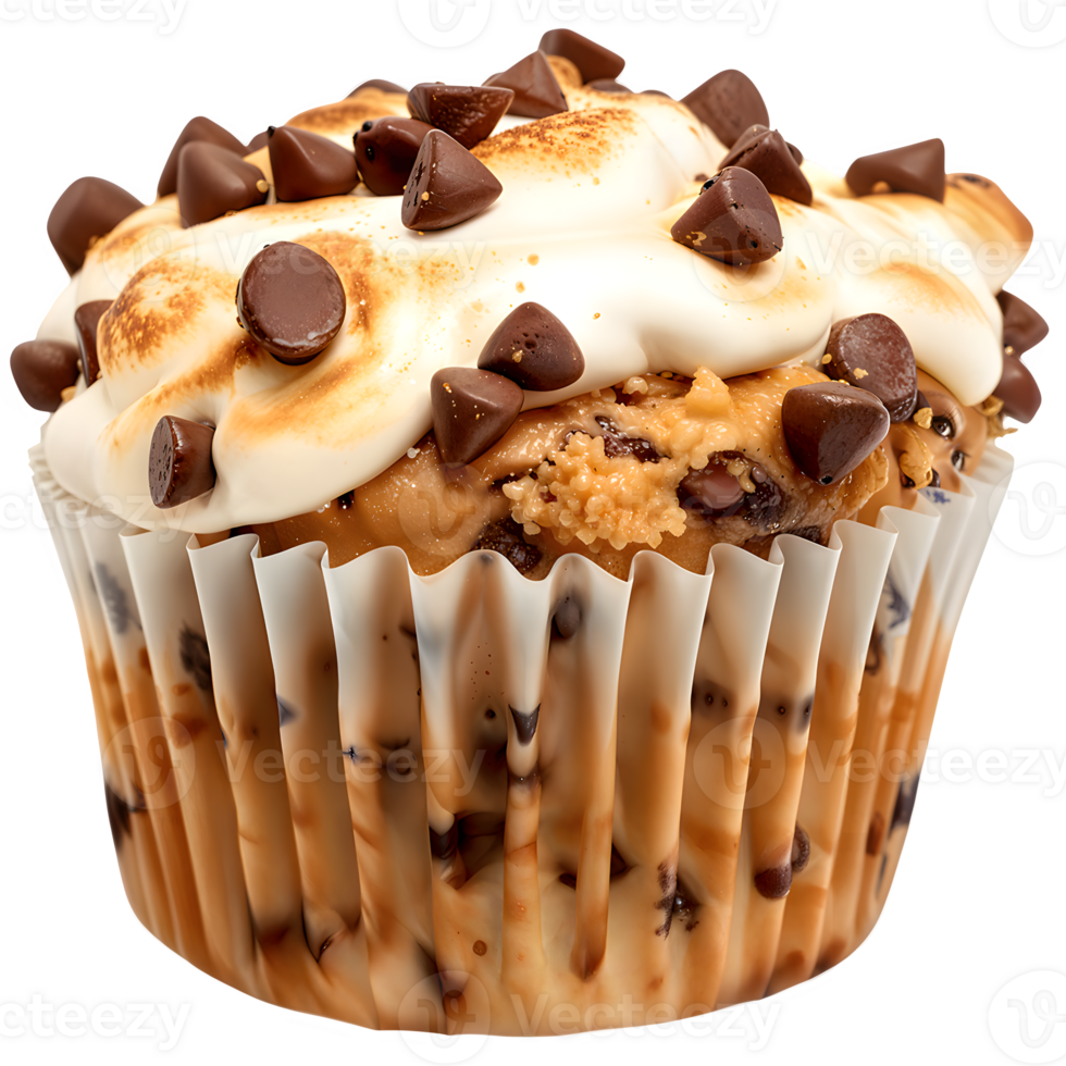 Gourmet Chocolate Chip Cupcake Smores Muffin with Creamy Frosting and Toasted Marshmallow Topping, Isolated on Transparent Background png