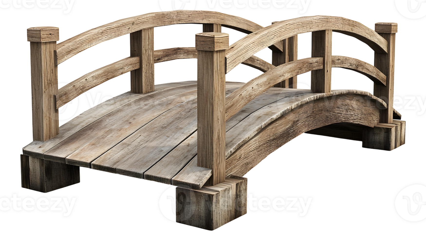 Traditional small arch wooden bridge rustic wooden footbridge side view transparent background png