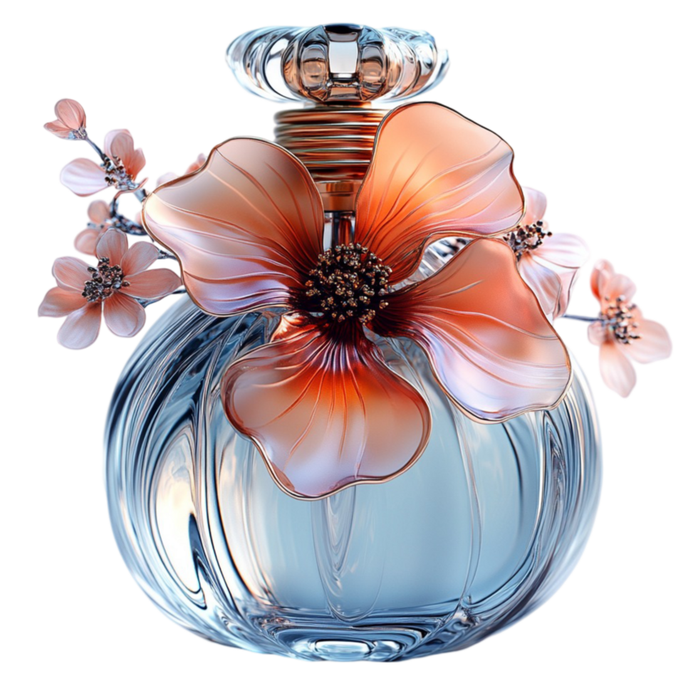 A perfume bottle with a flower on top png