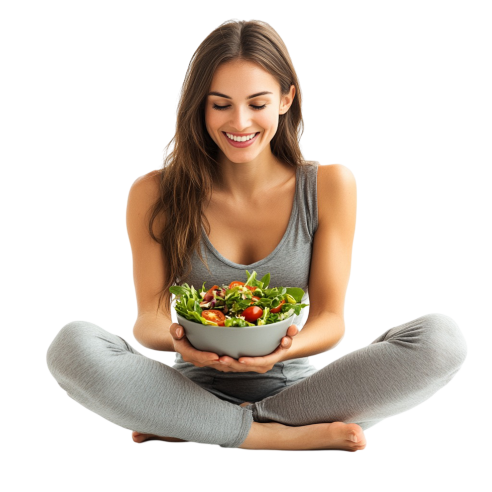 Woman Sitting on the Floor with a Bowl of Salad png