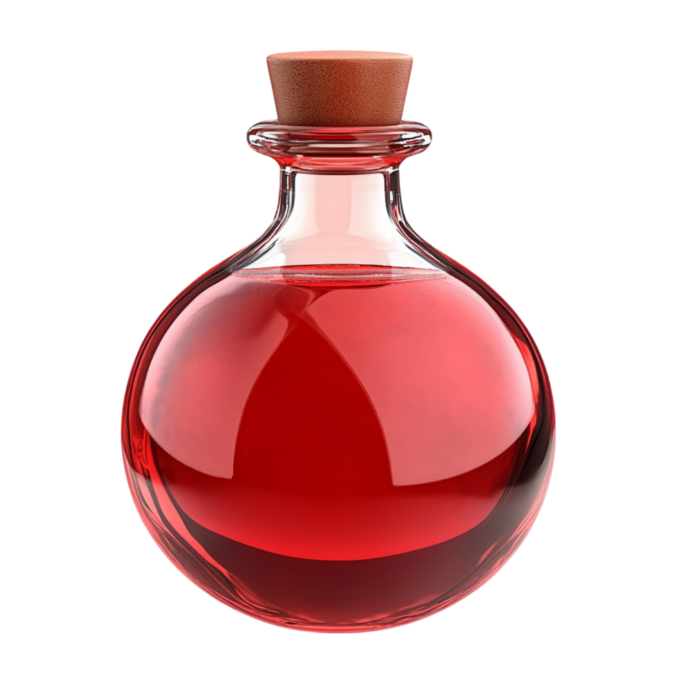 A bottle of red liquid with a wooden lid png