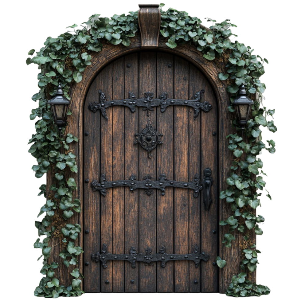 An old wooden door with ivy growing around it png